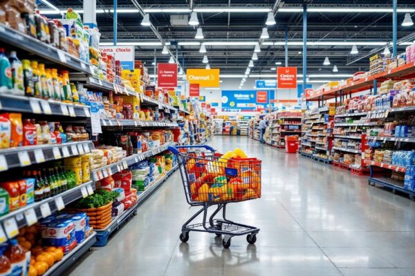 Blurry department store racks with colorful products realistic design highly detailed