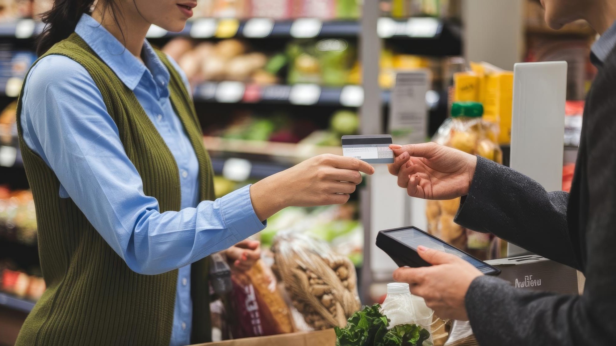 Woman paying for groceries front view