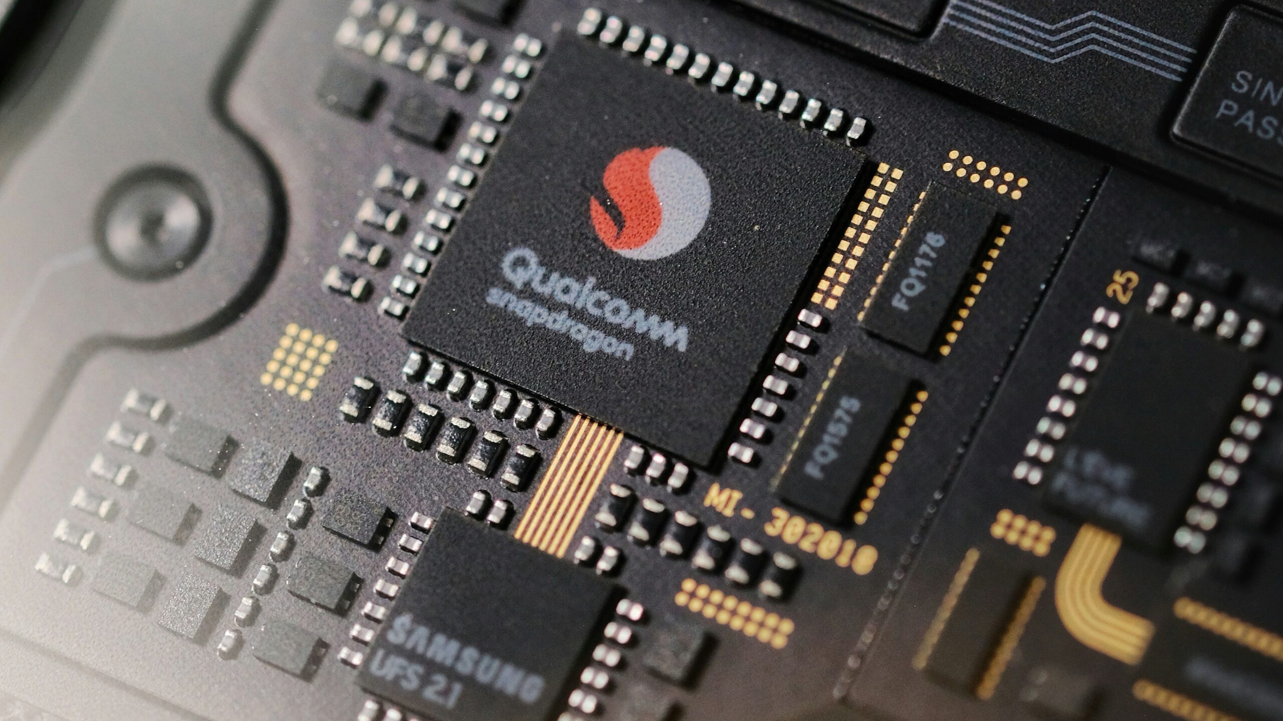 Close-up of a smartphone's internal qualcomm snapdragon processor.