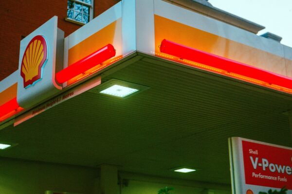 Gas station with shell branding and v-power signage