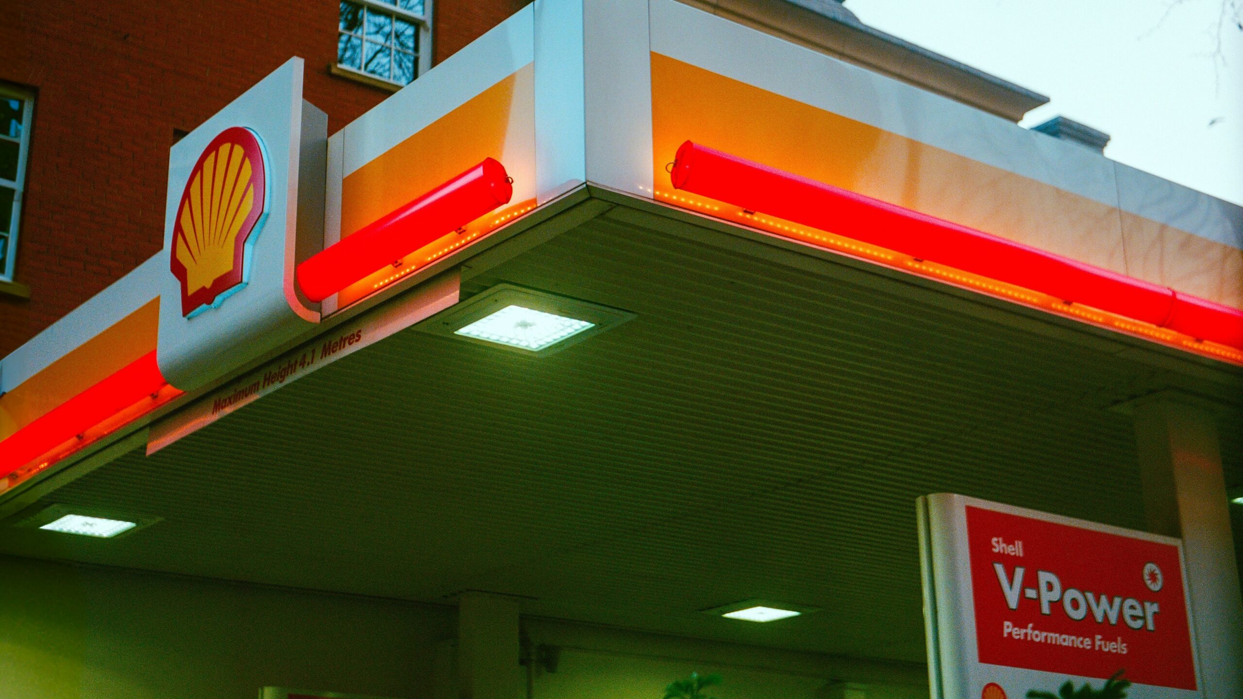 Gas station with shell branding and v-power signage