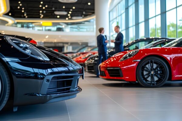 Sleek and Sophisticated Luxury Vehicle Showroom with Polished Interiors and Well Dressed Sales Associates