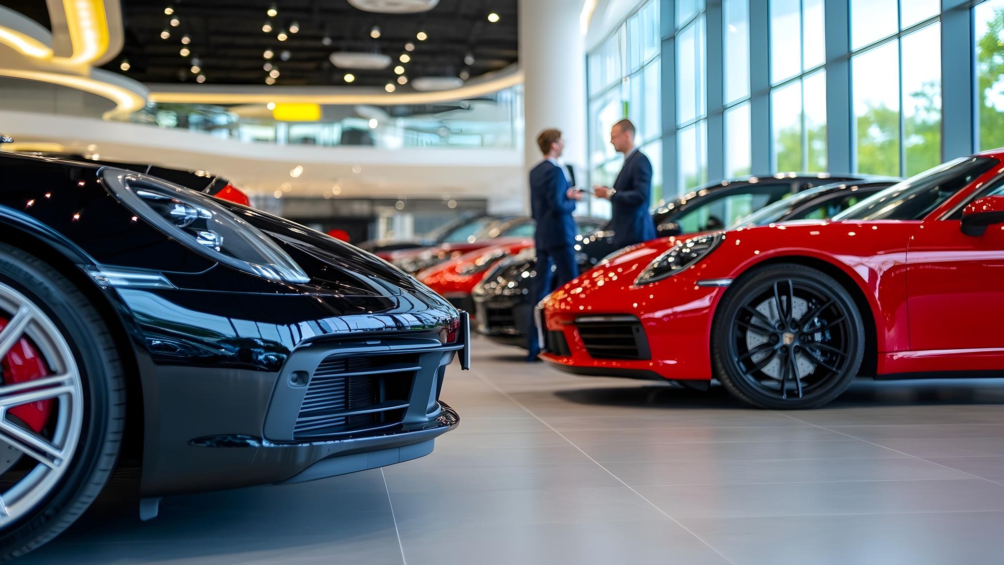 Sleek and Sophisticated Luxury Vehicle Showroom with Polished Interiors and Well Dressed Sales Associates