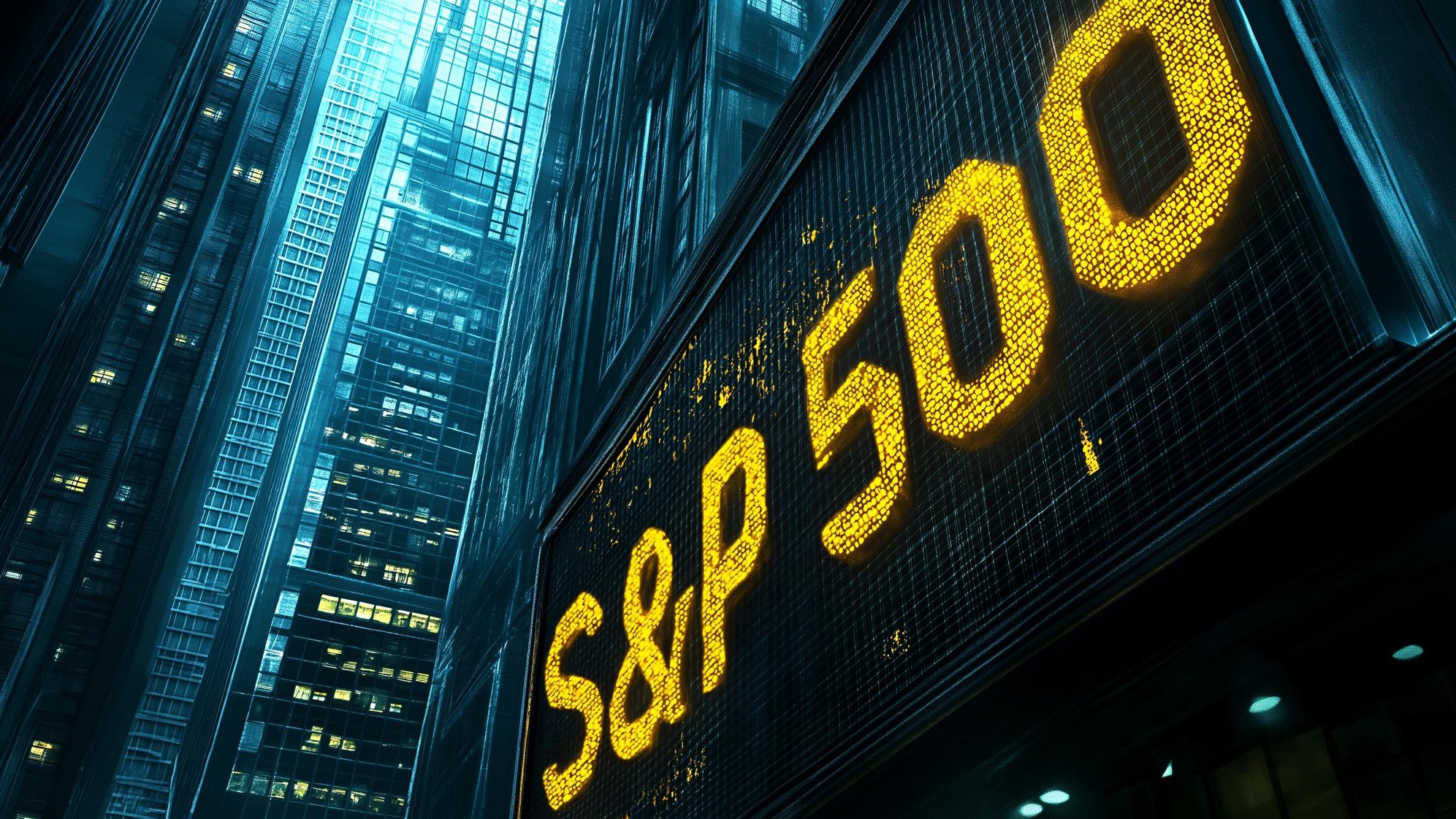 A large illuminated sign with quotSP 500quot in yellow lights against a backdrop of tall office buildings