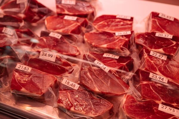 Vacuumpacked meat at La Boqueria market in Barcelona Spain