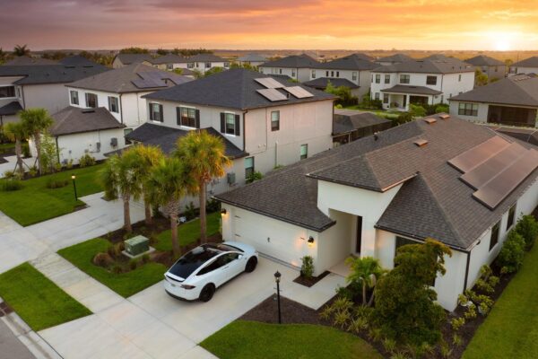 American gated community houses in rural US suburbs View from above of large residential homes in small town in southwest Florida