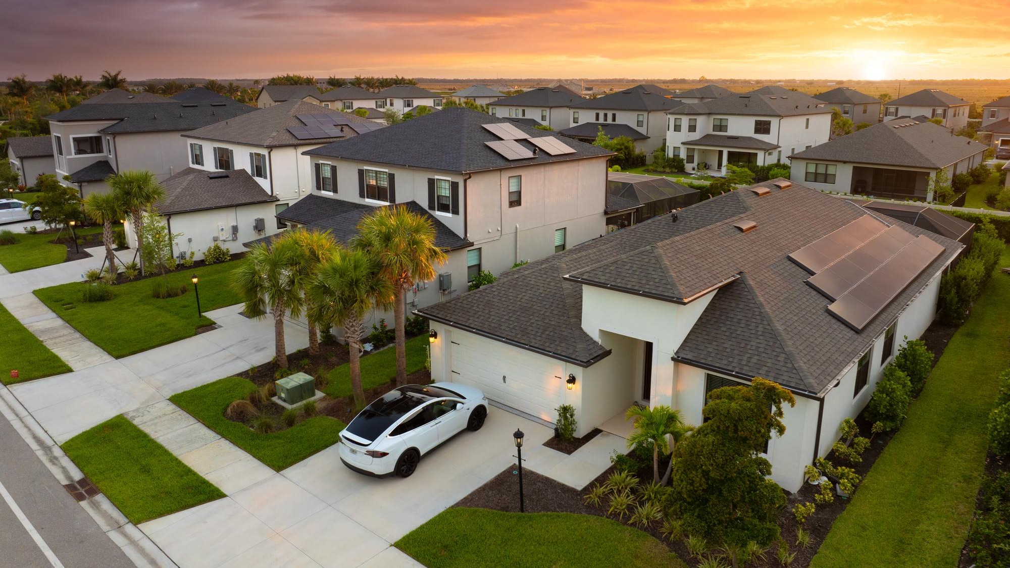 American gated community houses in rural US suburbs View from above of large residential homes in small town in southwest Florida