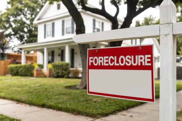 Foreclosure sign hanging on real estate sign in front of house