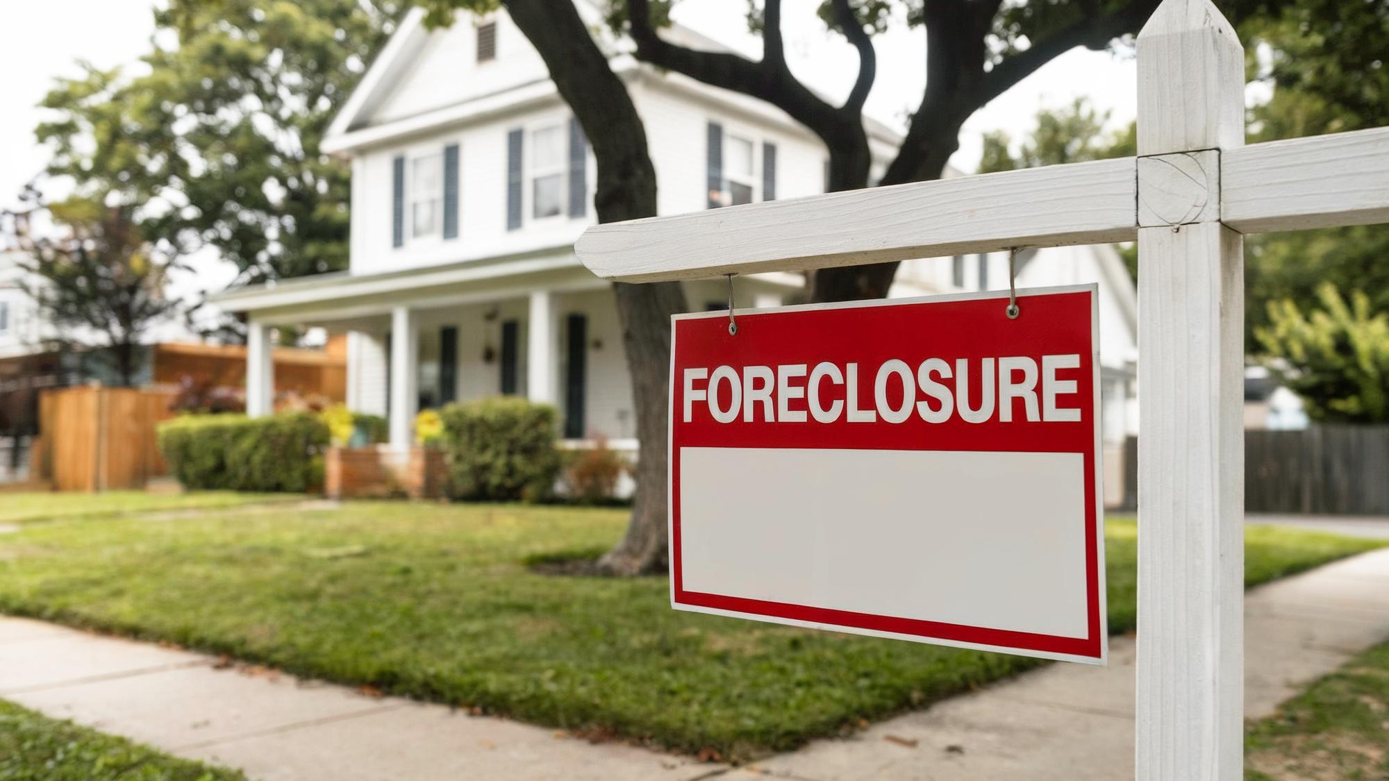 Foreclosure sign hanging on real estate sign in front of house