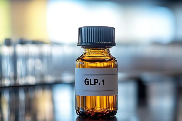 A bottle with the label GLP1 in a contemporary laboratory set Generative Ai