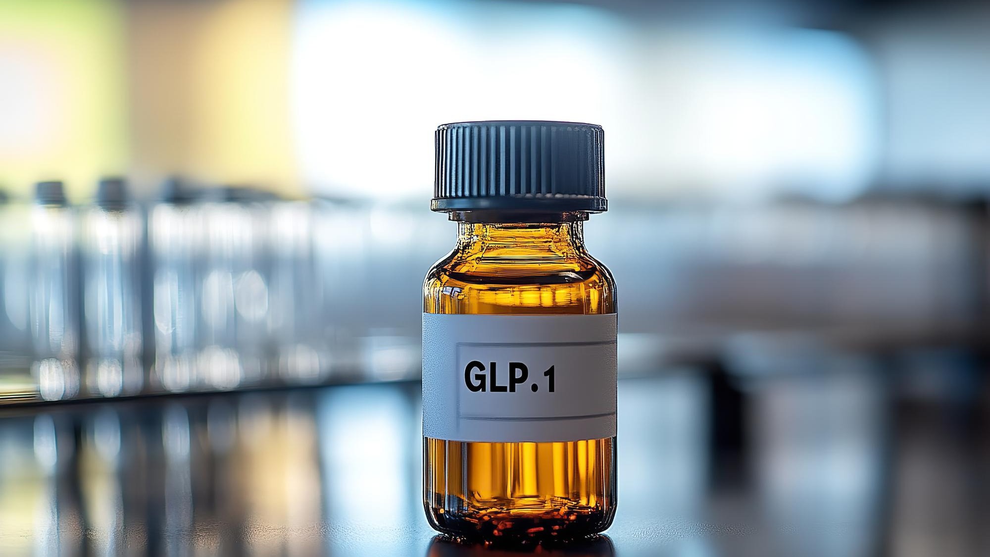 A bottle with the label GLP1 in a contemporary laboratory set Generative Ai