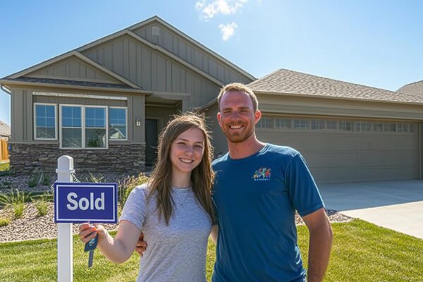 Sold sign next to a house and a couple