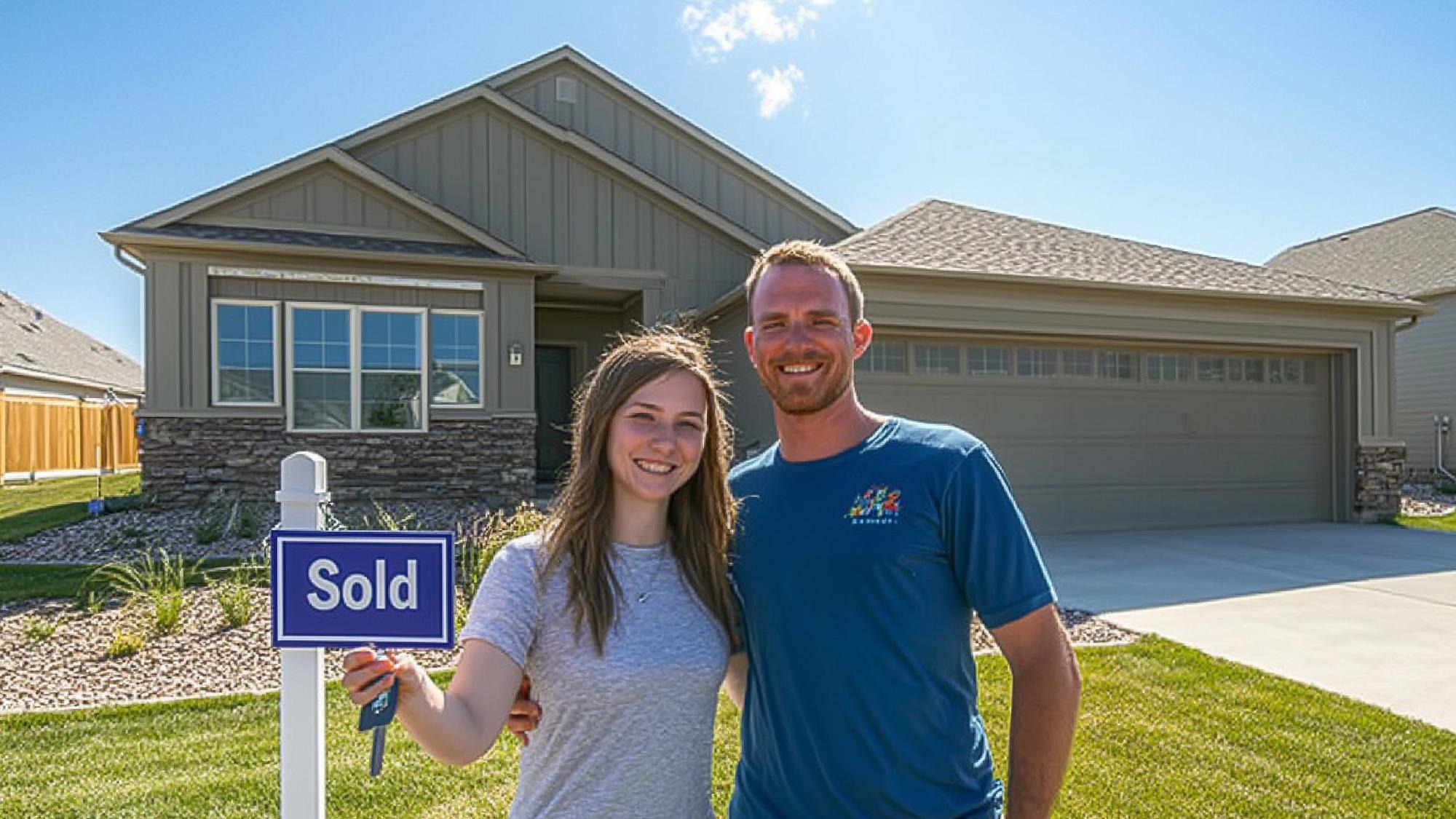 Sold sign next to a house and a couple
