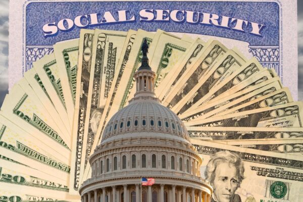 US Congress and Capitol in Washington DC with cash and social security card to illustrate budget problems as a result of coronavirus