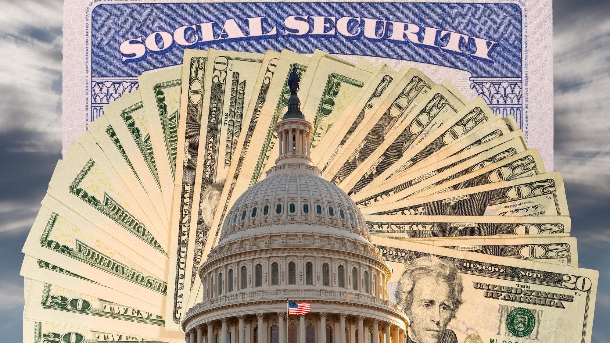 US Congress and Capitol in Washington DC with cash and social security card to illustrate budget problems as a result of coronavirus