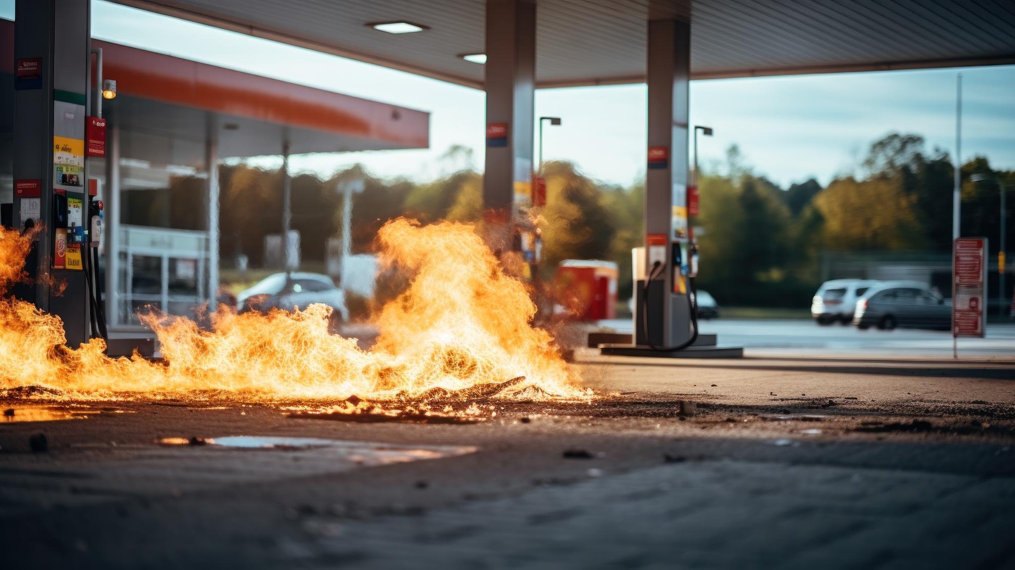 Fire at a gas station in daytime
