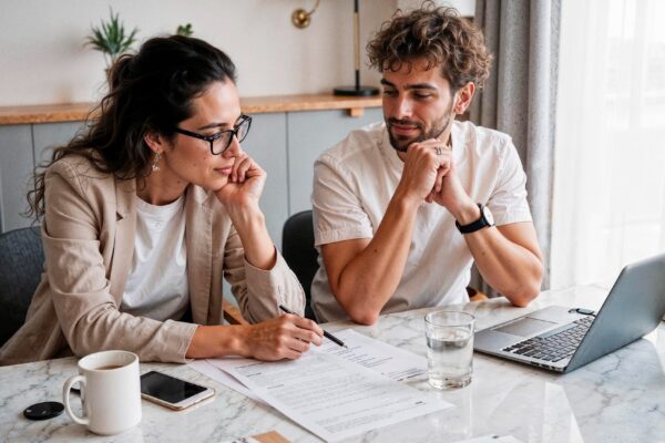 Focused colleagues analyzing documents at a desk with laptop