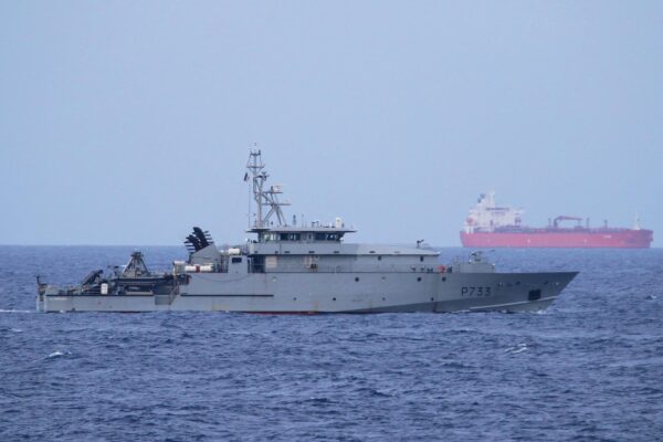 Ship in sea against clear sky