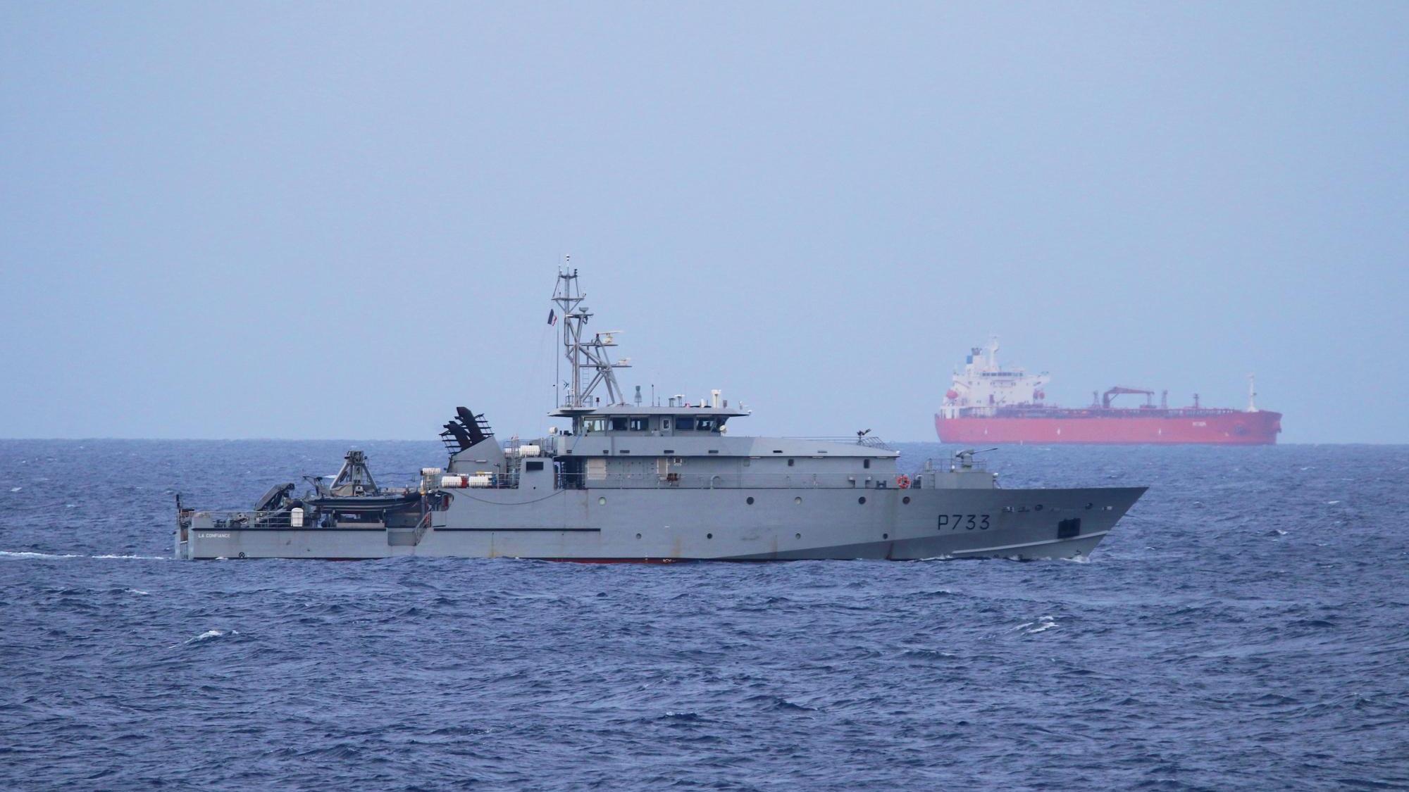 Ship in sea against clear sky