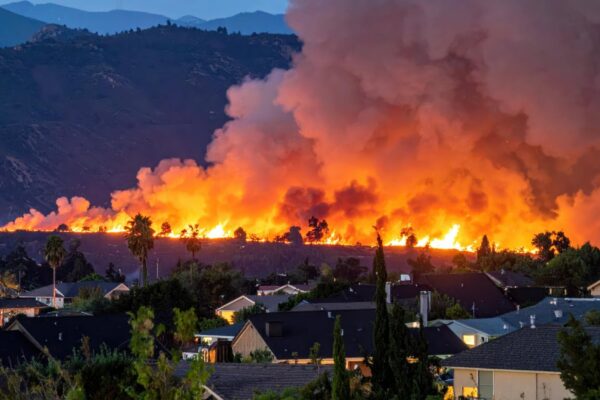 Wildfire Approaching Residential Areas with Glowing Embers at Dusk