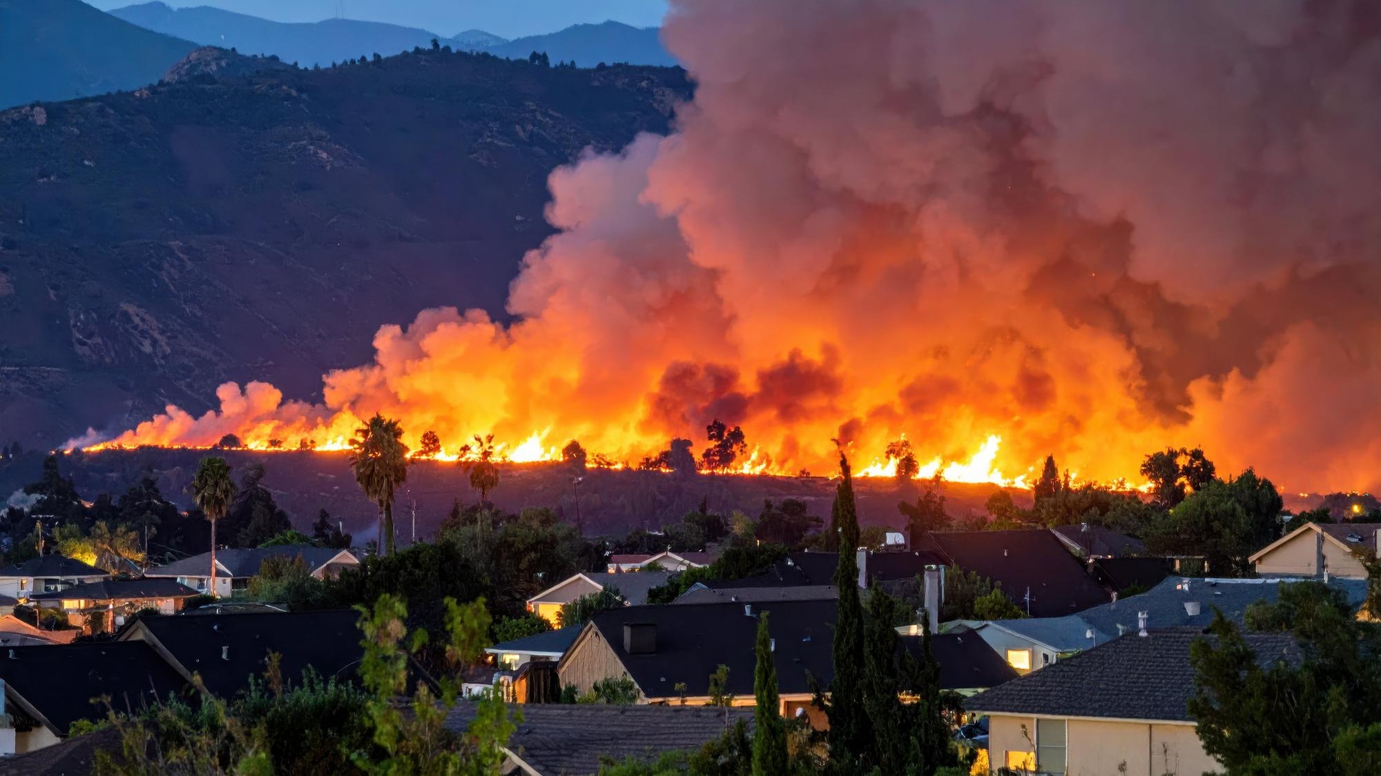 Wildfire Approaching Residential Areas with Glowing Embers at Dusk