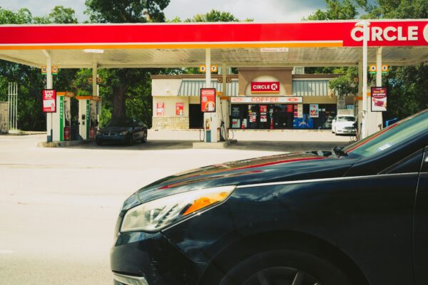 Circle k gas station with cars and trees