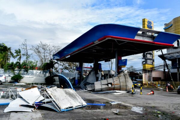 a gas station that has been torn apart