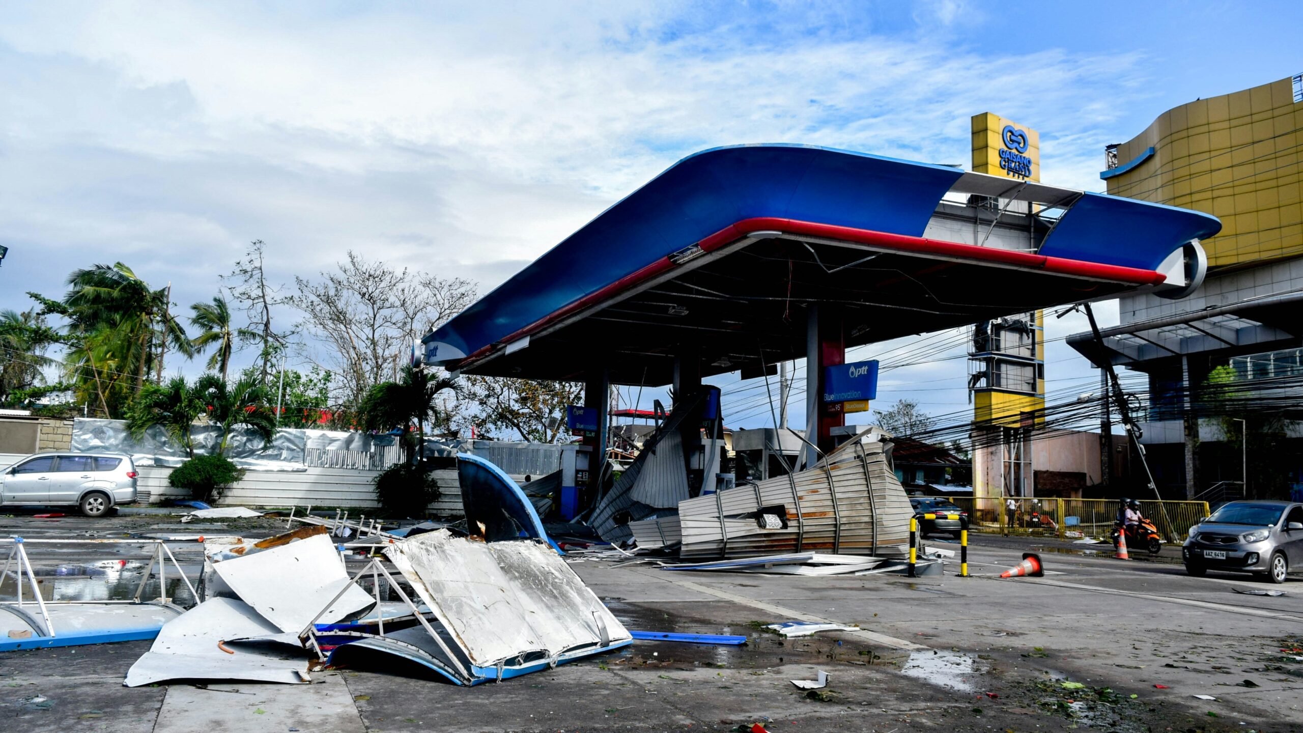 a gas station that has been torn apart