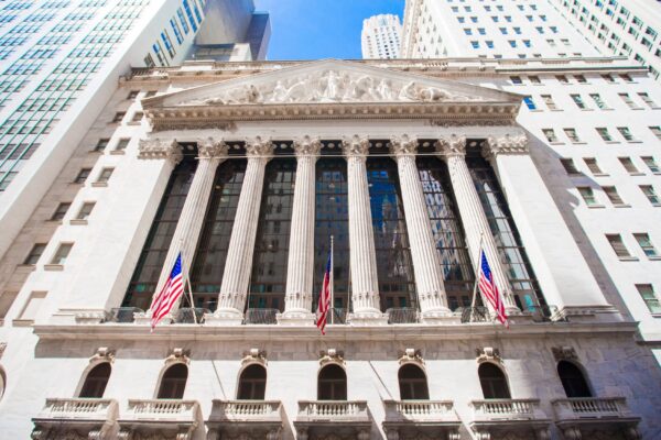 New York Stock Exchange in Manhattan Finance district. View of the building in the sky
