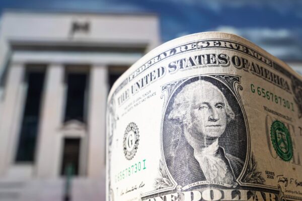 Dollar on the background Federal Reserve Building in Washington DC United States FED