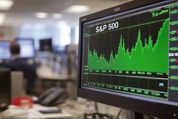 S and P 500 stock market chart showing a strong upward trend on a monitor in a modern trading office