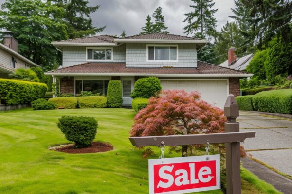 a sale sign is hanging on a wooden post in front of a house
