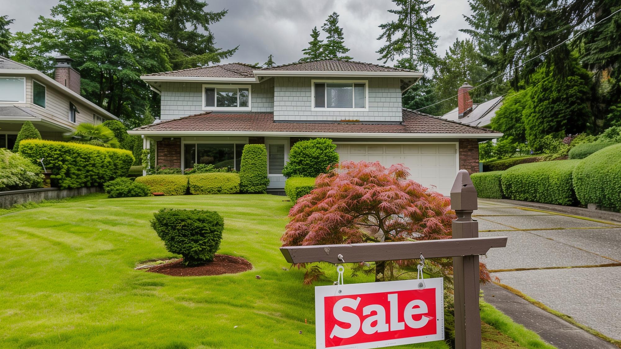 a sale sign is hanging on a wooden post in front of a house