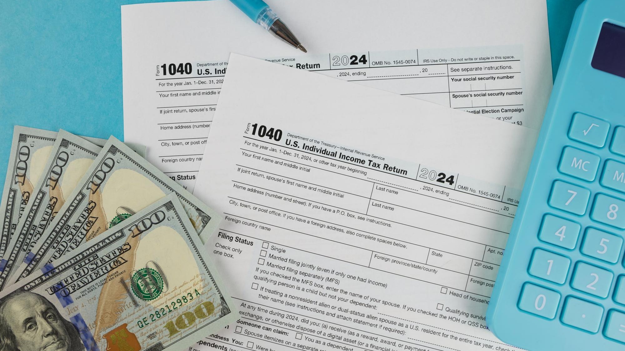 Tax form 1040 on a beautiful blue background financial document
