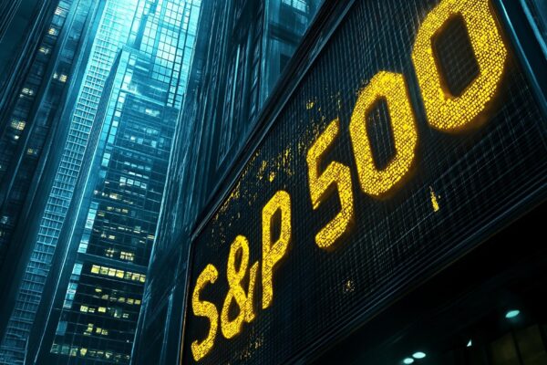 A large illuminated sign with quotSP 500quot in yellow lights against a backdrop of tall office buildings