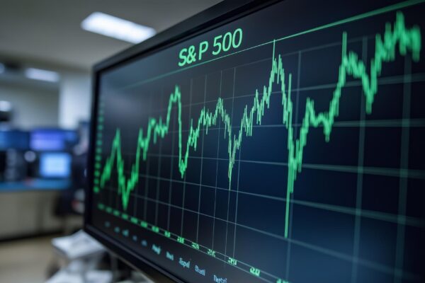 Closeup view of S and P 500 stock market chart displayed on screen in trading room Financial market