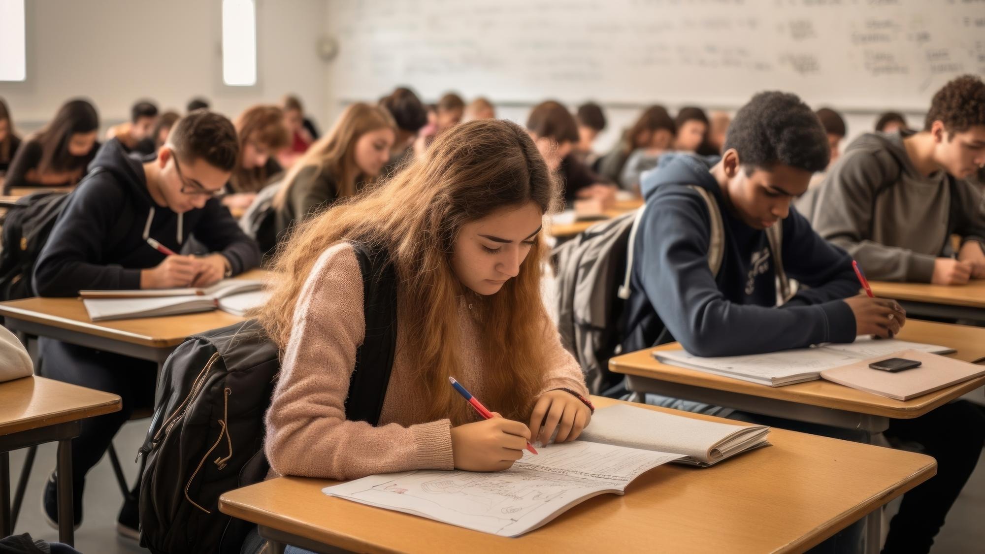 Hispanic Students Listening to a Lecturer student classroom writing