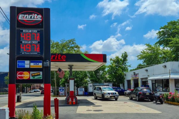 Newark New Jersey United States June 17 2022 Panel with fuel prices high prices of oil products because of the war in Ukraine