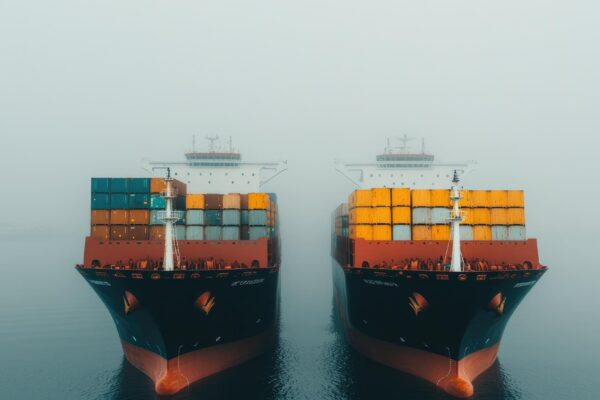 Cargo Ships in Foggy Harbor with Colorful Containers