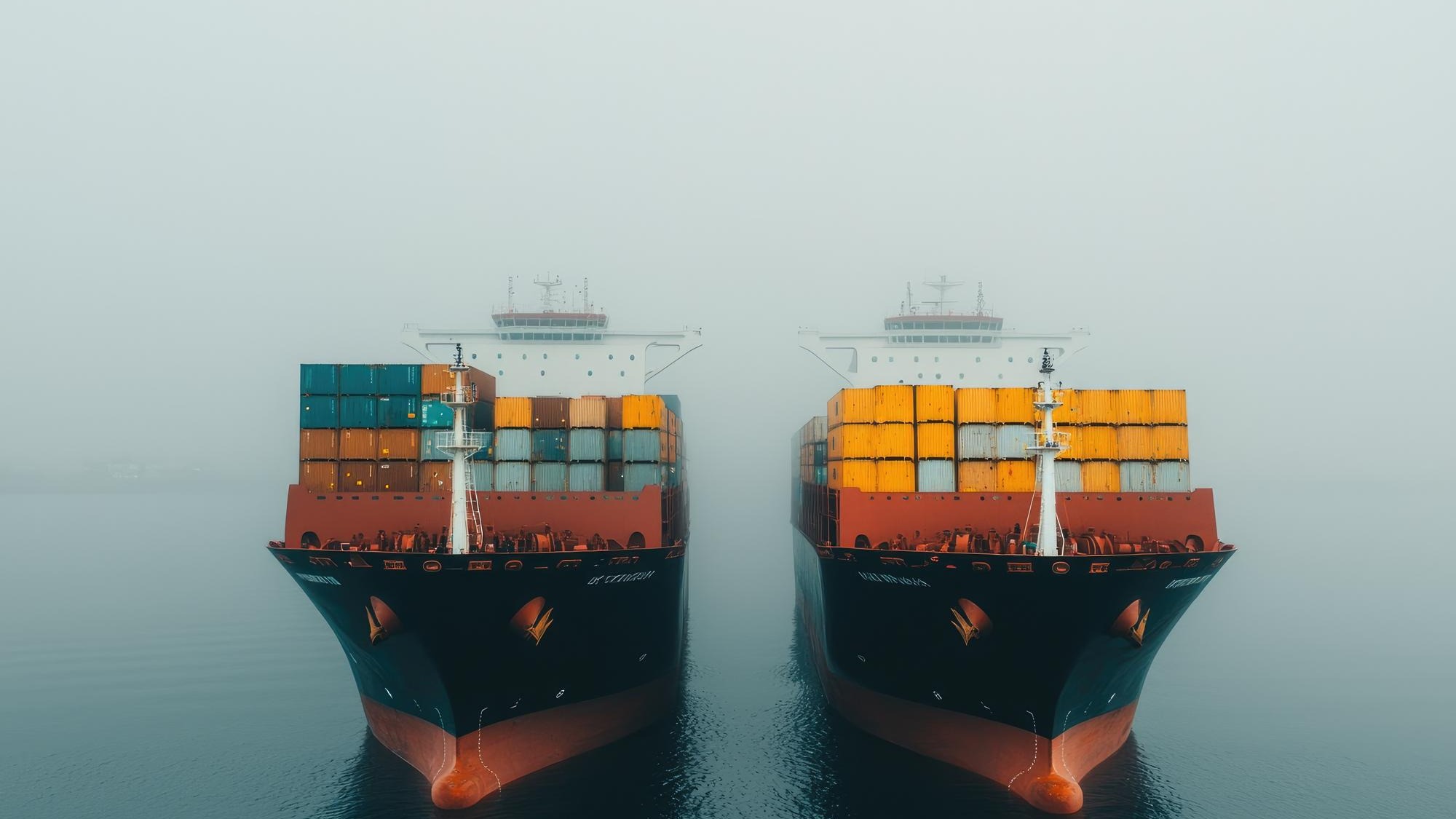 Cargo Ships in Foggy Harbor with Colorful Containers