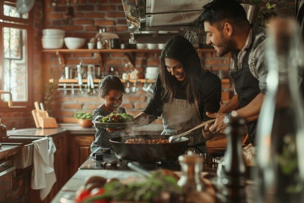 Happy family preparing healthy food in the kitchen family cooking