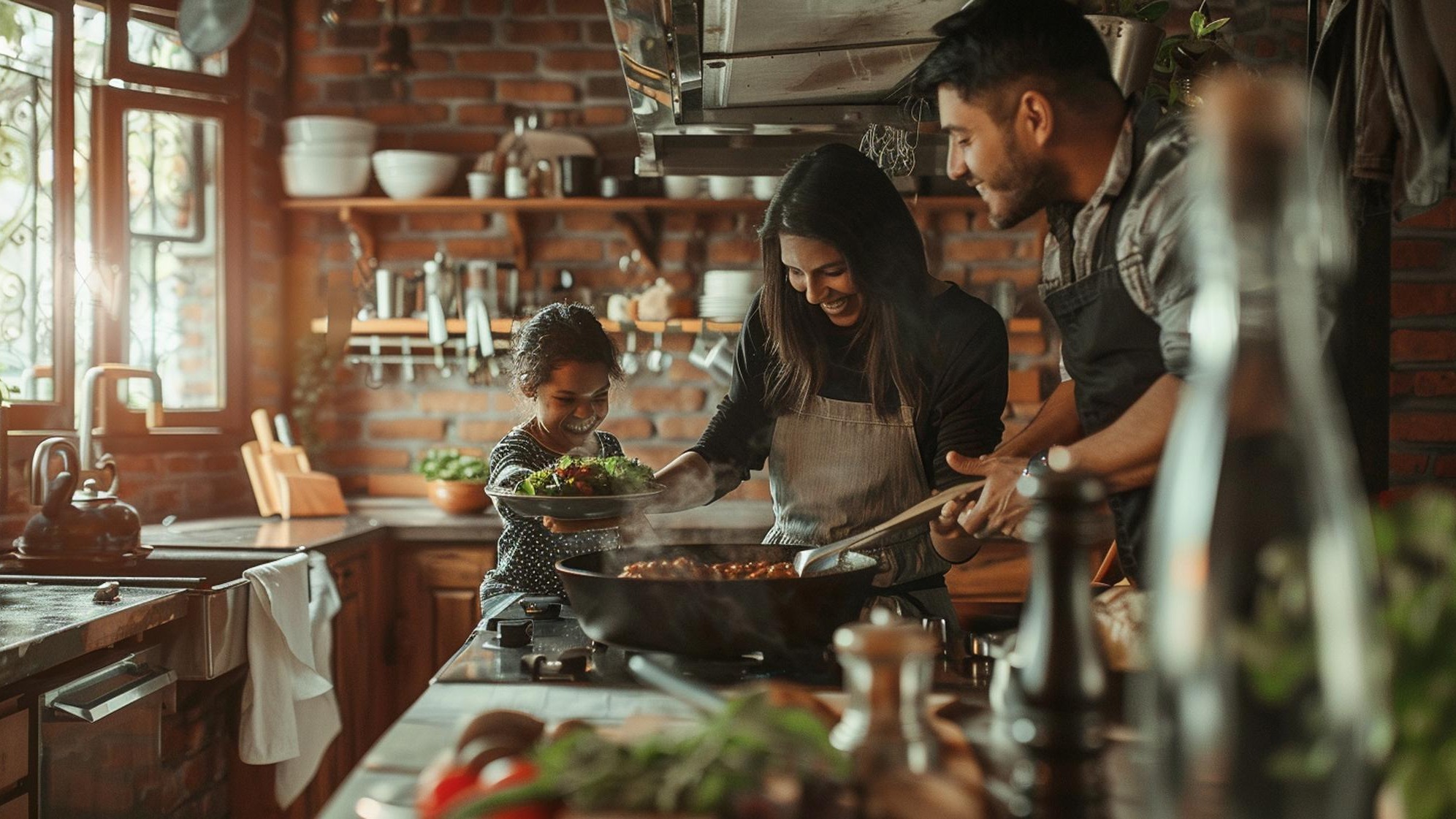 Happy family preparing healthy food in the kitchen family cooking
