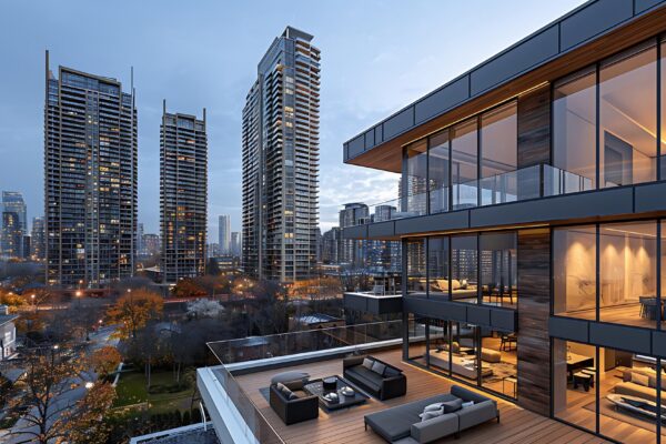 Real estate focusing HighRise Building showcasing modern architecture luxury amenity panoramic views