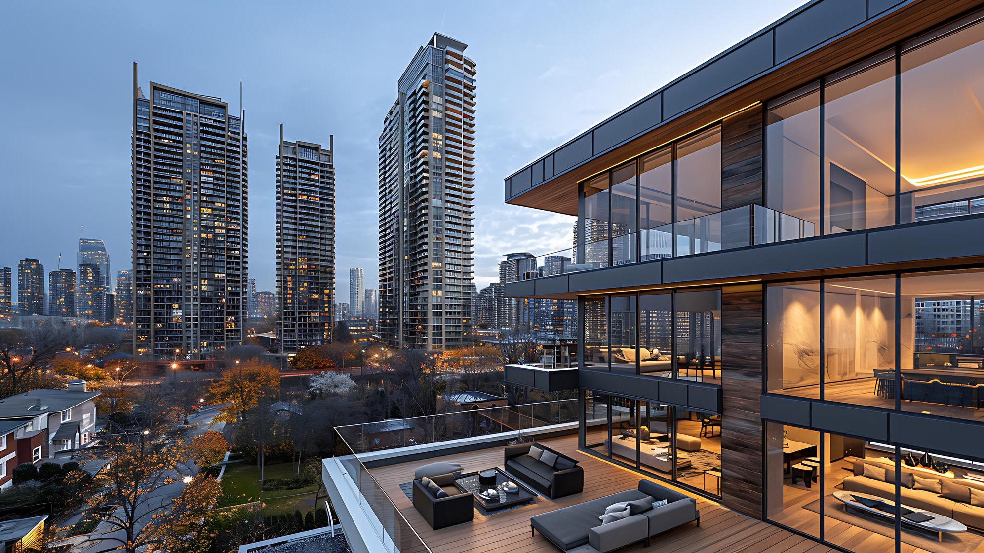 Real estate focusing HighRise Building showcasing modern architecture luxury amenity panoramic views