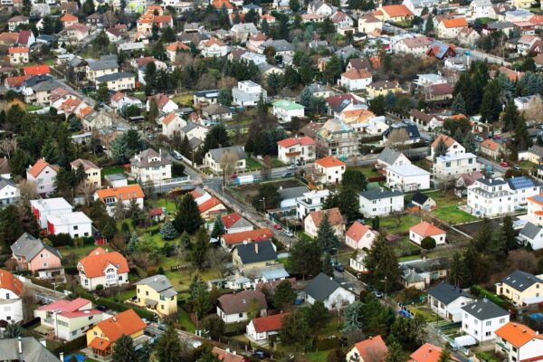 High angle view of houses in town