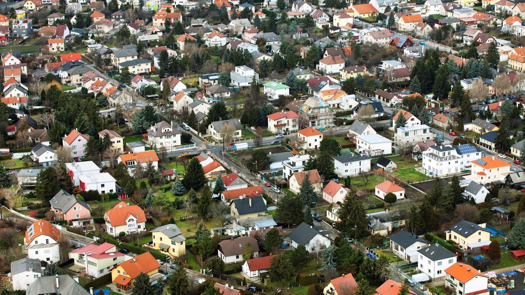 High angle view of houses in town