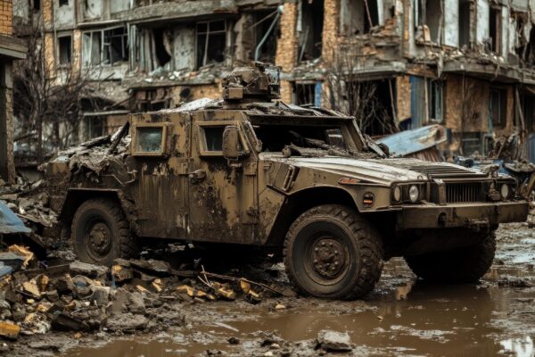 A damaged military vehicle sits in the mud in front of a destroyed building