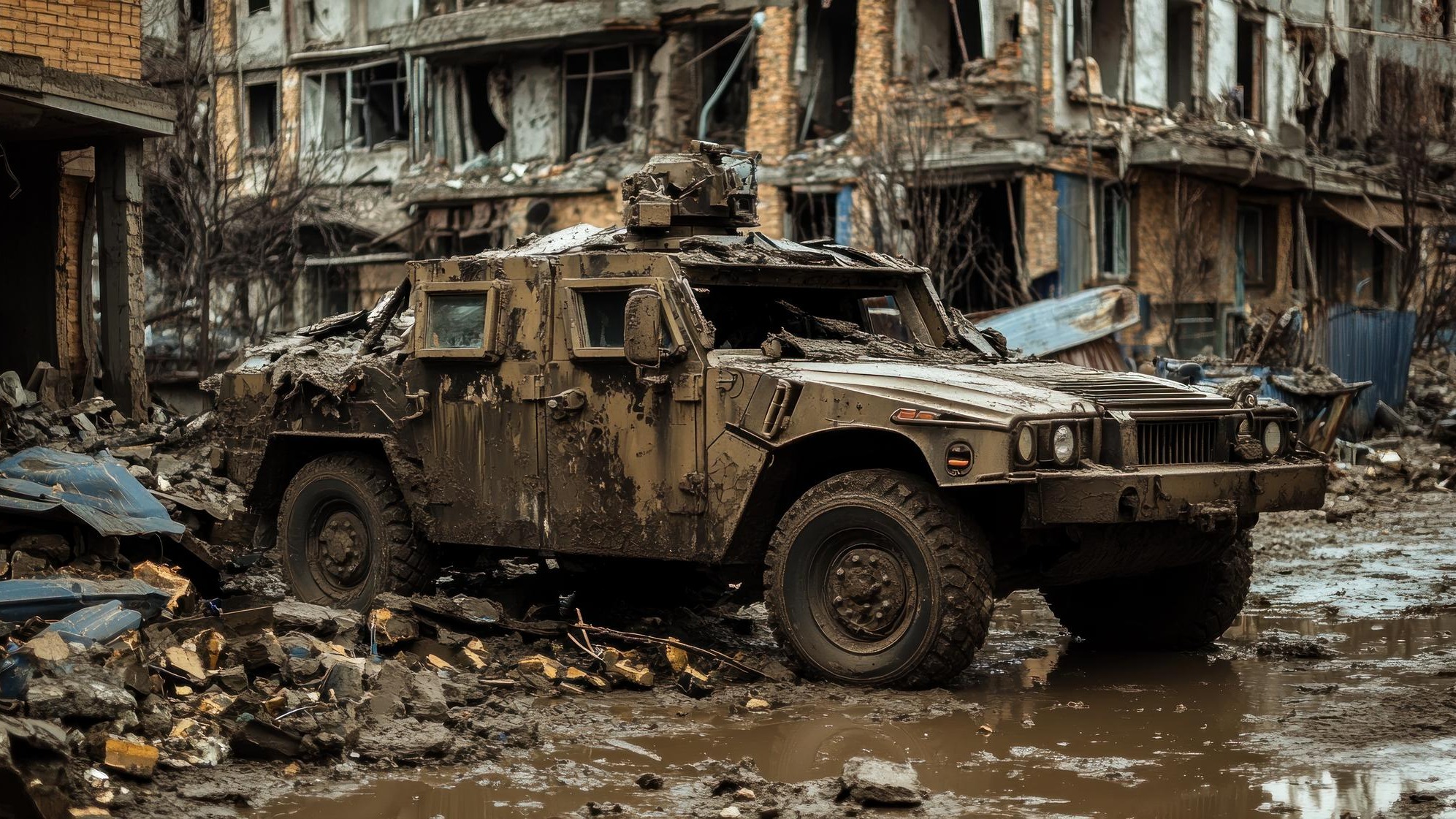 A damaged military vehicle sits in the mud in front of a destroyed building