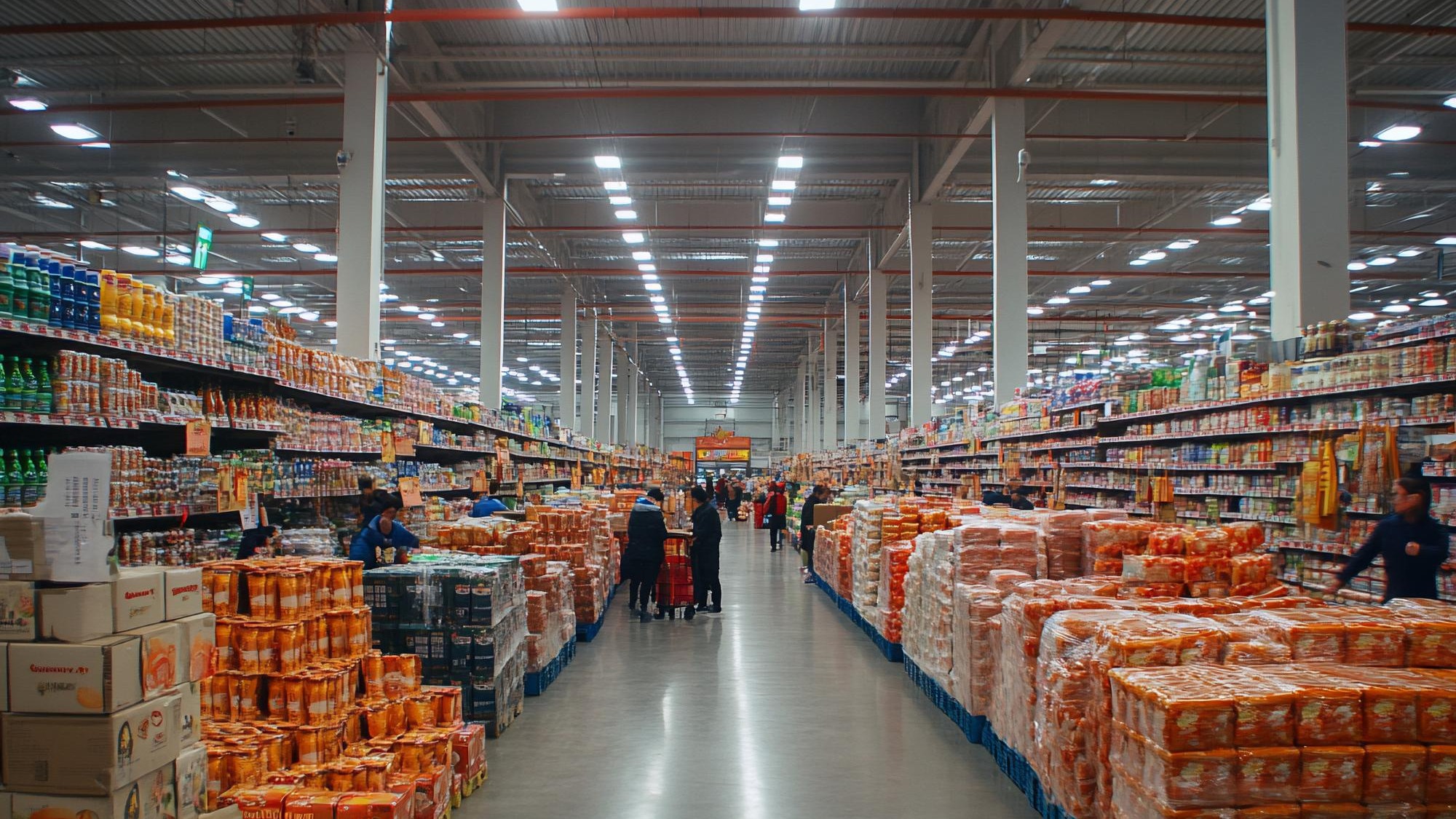 Bright and Spacious Warehouse Supermarket with Customers Shopping for Gifts