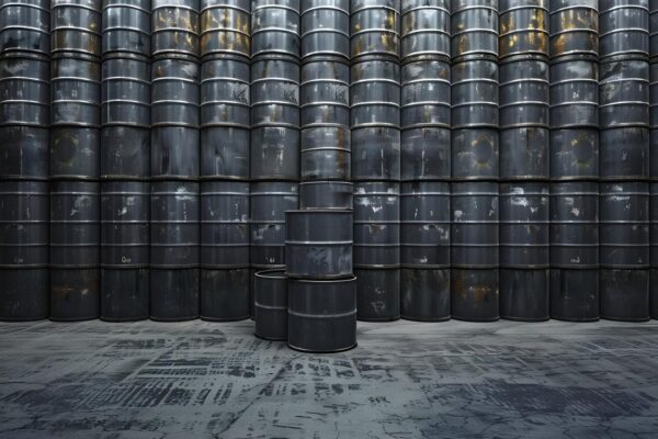 Industrial storage facility filled with rows of black oil barrels outside Concept Industrial Storage Oil Barrels Outdoor Facility Row of Barrels Black Containers